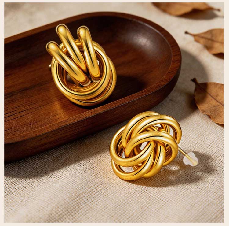 Chunky 18K Gold Plated Twist Knot Stud Earrings for Women, Geometric Textured Stainless Steel Waterproof Vintage Jewelry
