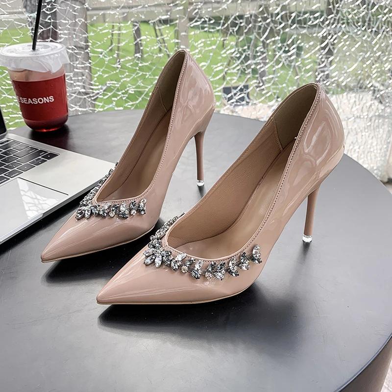 Fashion New Nude Colored Rhinestone High Heels for Women Slim Heels with Pointed Toes Light Mouthed Single Shoes Wedding Shoes