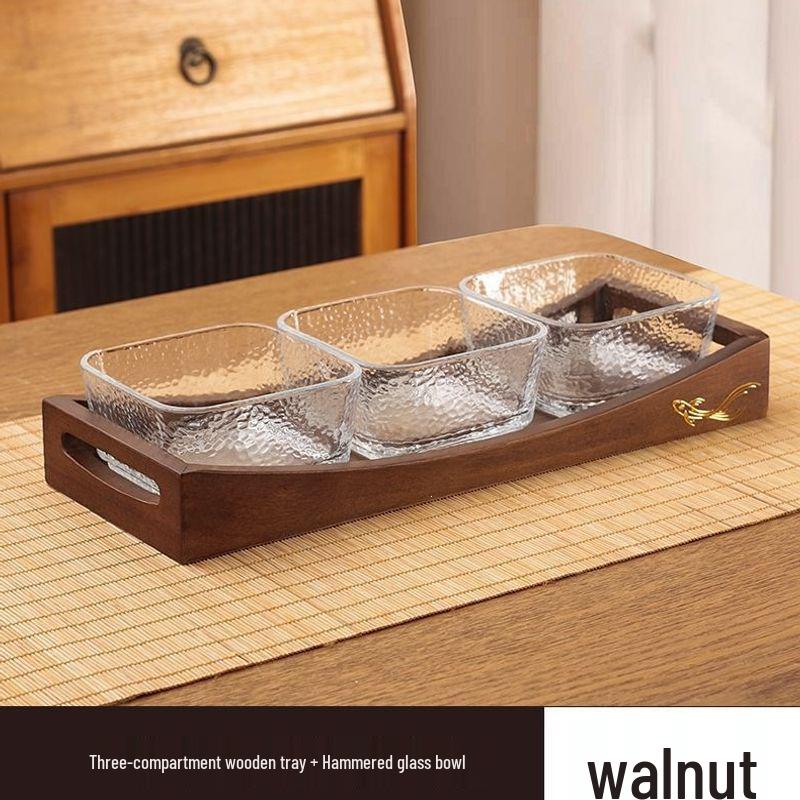 Luxury Glass Walnut Fruit & Snack Plate with Candy Compartments for Living Room Coffee Table