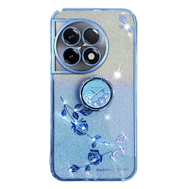 

KADEM For OnePlus 11R 5G/Ace 2 5G Flower Pattern Drop-proof TPU Cover Ring Kickstand Glitter Phone Case Blue