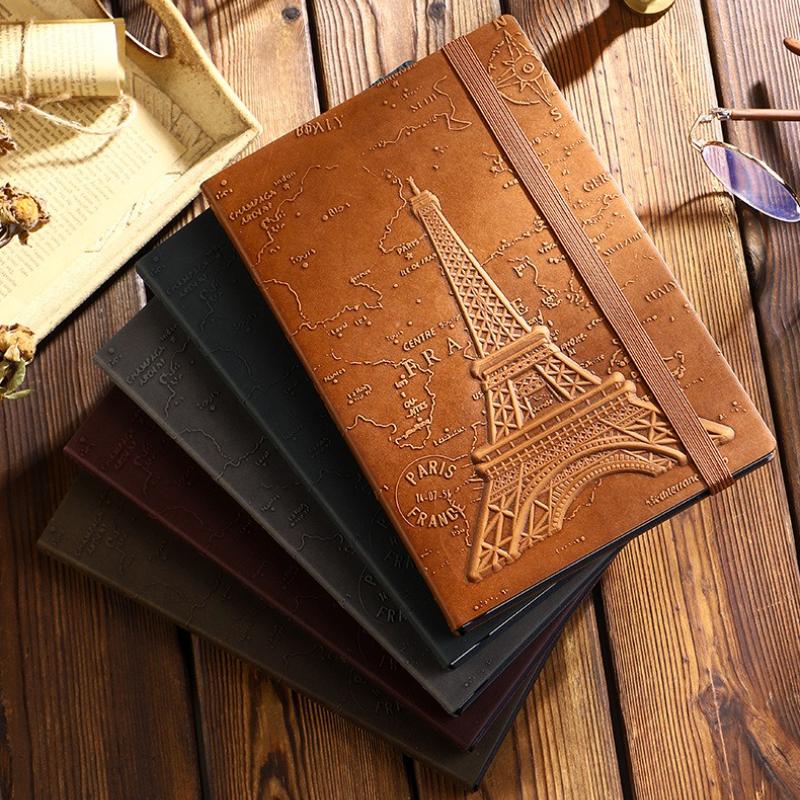 A5 Three-dimensional Embossed Iron Tower Retro Notebook Thick Paper Strap Hardcover Hand Ledger Diary Business Notes