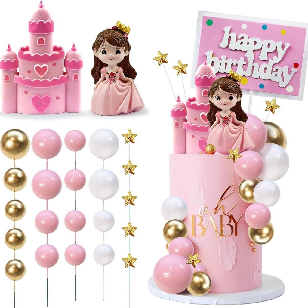Pink Castle Princess Cake Topper with Stars - Perfect for Girls' Birthday Parties