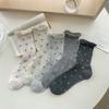 Spring and Summer Socks for Women: Thin Combed Cotton Mid-calf Socks with Mesh, Black Ear Trim, Bow, Long Calf Pile Socks