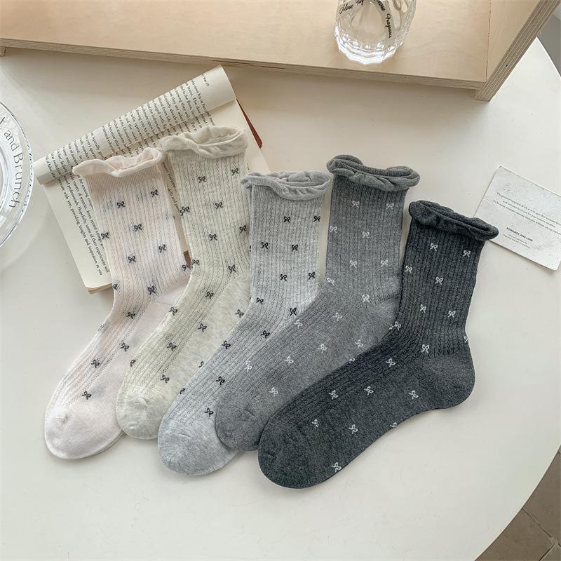 Spring and Summer Socks for Women: Thin Combed Cotton Mid-calf Socks with Mesh, Black Ear Trim, Bow, Long Calf Pile Socks