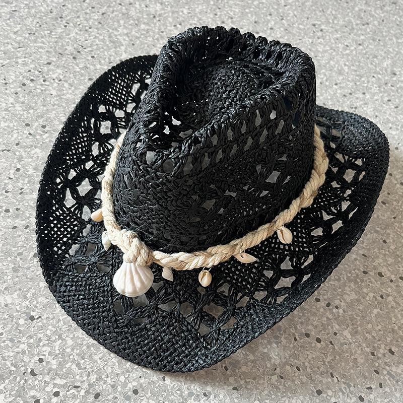 Vintage Sommer Strand Böhmischer Strohhut Muschel Damen Herren Western Cowboy Hüte Holzperlen Hohl Sonnenschutz Urlaubskappe