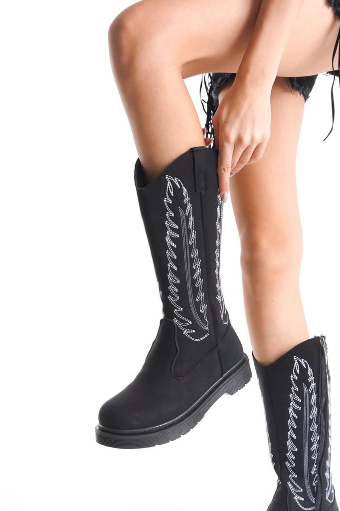 Moderne, stilvolle Mode-Stiefel für Damen, Kunstleder, hellbraun, matt, bestickter Reißverschluss, Western-Cowboystiefel