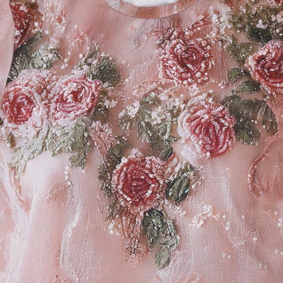 Women Tops Round Neck Short Sleeve Pullover Tops Loose Fit Faux Pearls 3D Floral Decor Sun Protection Lightweight Casual Summer