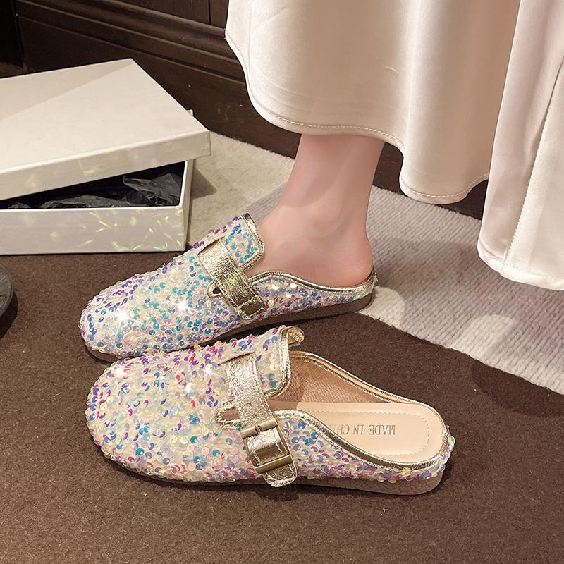Mezze pantofole francesi con paillettes Baotou da donna, nuove per la primavera e l'estate, da indossare fuori, con carattere, Mary Jane, scarpe basse