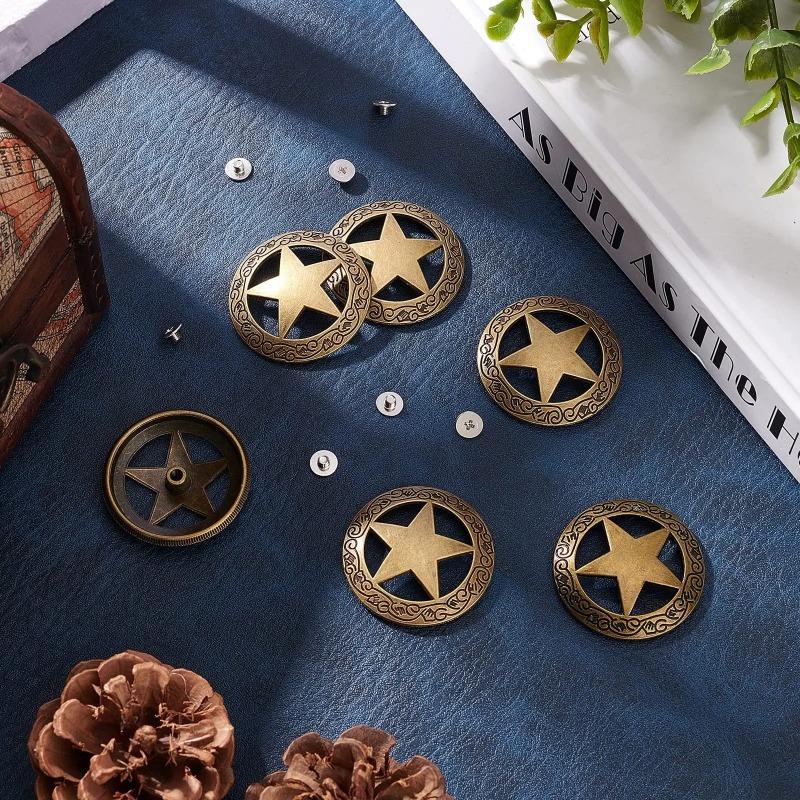 10Pcs Stars Hollowed Out Decorative Buckle Round Vintage Metal Nail Buckle Replacement Casting Conchos DIY Leather Craft