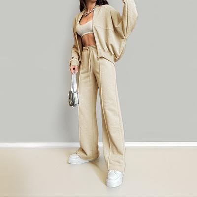 Women Sweatsuit Set Vintage O-neck Zipper Bomber Jackets High Waist Loose Pants Suit Female Spring Fashion Lady Sportswear