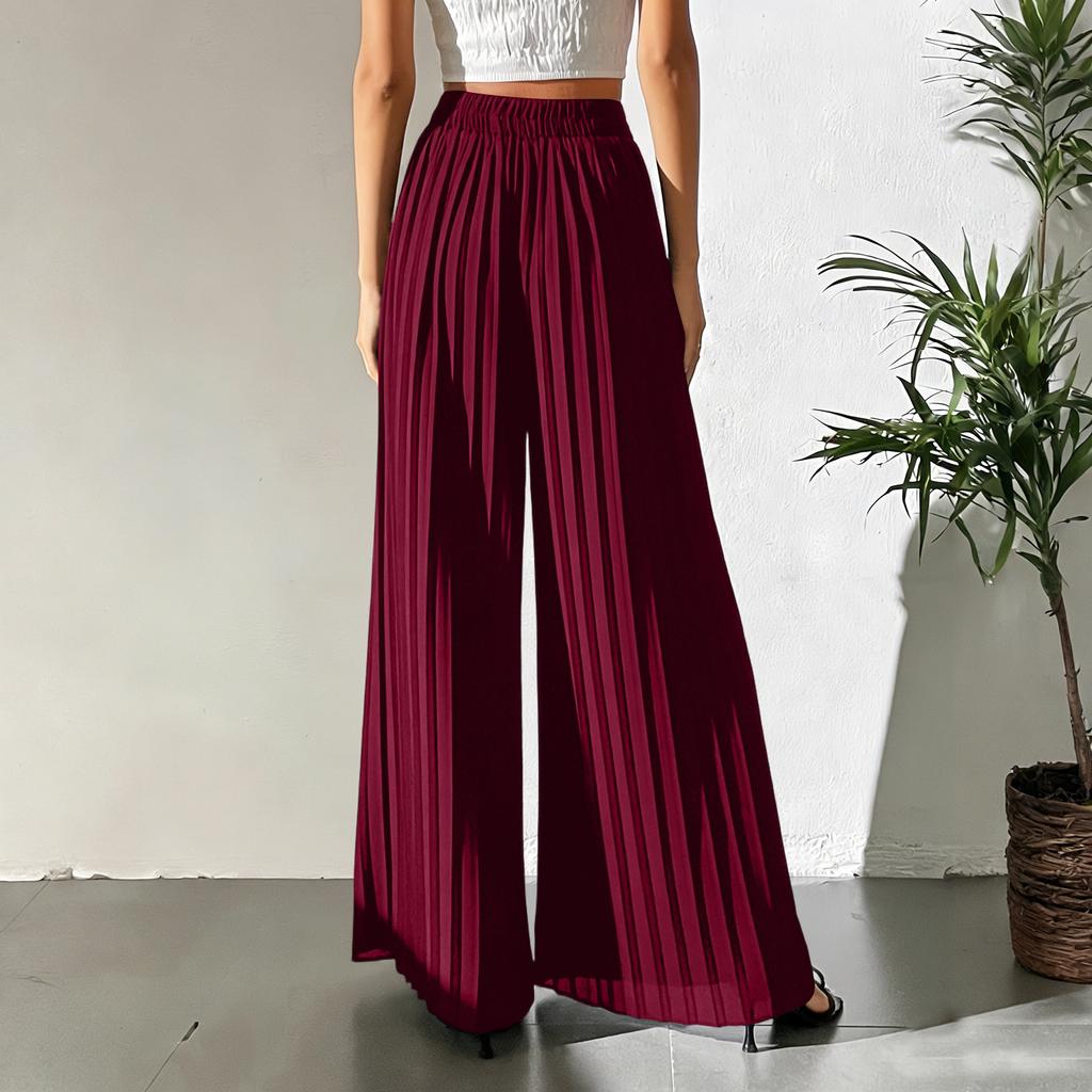 Damen High Waist Plissierte Weite Hosen Elastischer Bund Leichte Fließende Palazzo Hosen für Freizeit oder Tägliche Kleidung