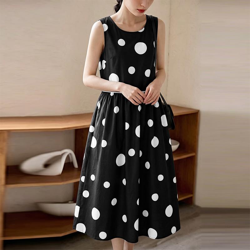 ZANZEA Women Casual Round Neck Sleeveless Loose Polka Dot Print Dress