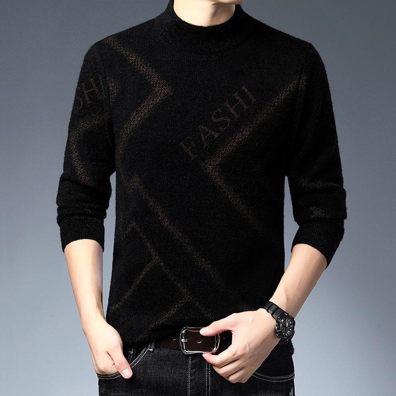 Men's Knit Striped Round Neck Sweater – Thickened Plus Velvet Base Layer for Autumn/Winter