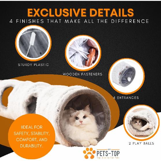 Cat Tunnel Collapsible Long Plush – Cat Crinkle Tunnel – Cat Tunnel for Indoor Cats – Cat Tube Cute Cozy Pet Play for Hours of Fun (47" / Pearl