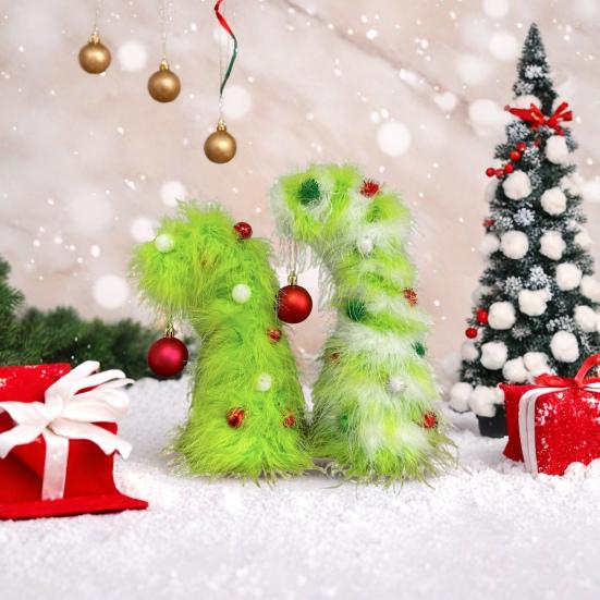 2 Pcs Green Furry Christmas Tree Faux Fur Plush Christmas Tree Tabletop Centerpiece with Red Xmas Ball for Home Party Holiday Decor