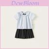 Girl School Uniform Set With Bowknot Short Sleeve Shirt And Pleated Skirt For Ages 3 To 8