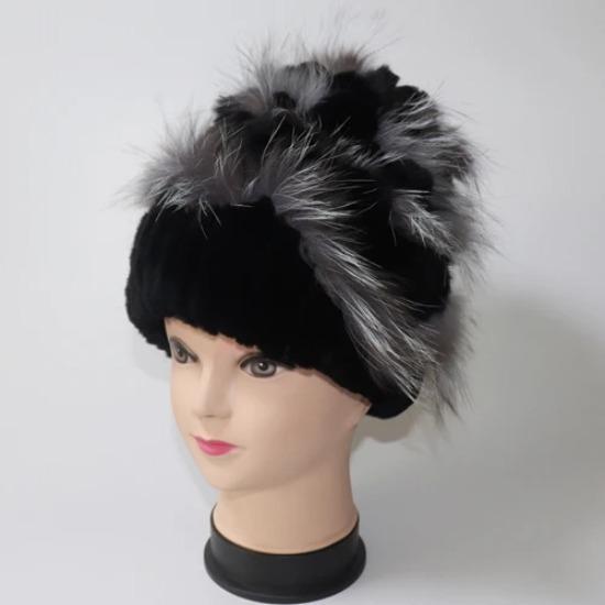 Winter Hand Knitted Real Rex Rabbit Fur Hat Women Warm Quality Rex Rabbit Fur Hats With Fox Fur Lady Natural Soft Real Fur Caps