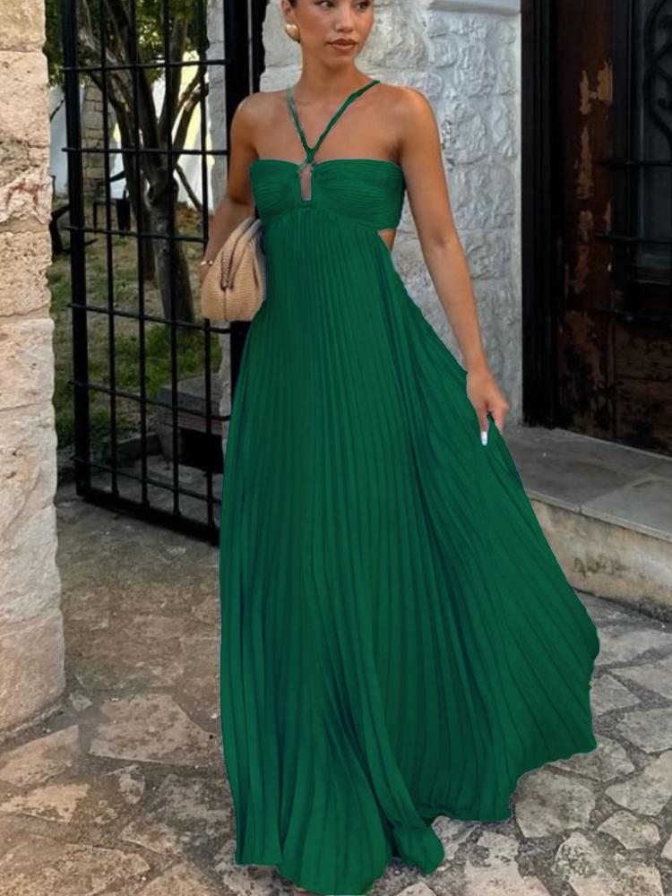 

Жіноча максі-сукня без рукавів зі складками яскравих кольорів - помаранчева, жовта, зелена, рожева, сіра, темно-зелена XL темно-зелений колір