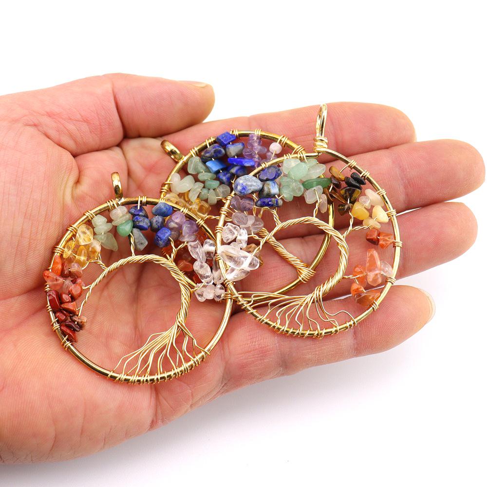 Seven-Color Natural Crystal Tree of Life Necklace Pendant with Crushed Stone, N737
