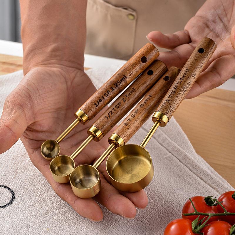 4Pcs Stainless Steel Wooden Handle Measuring Cups Spoons Baking Tools Coffee Bartending Scale Kitchen Accessories Set