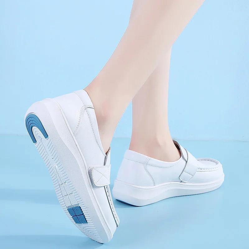 Fashion Hot Selling Nurse White Women's Spring 2025 New Thick-soled Soft Leather Single Shoes Casual Flats Bottom Comfortable Loafers