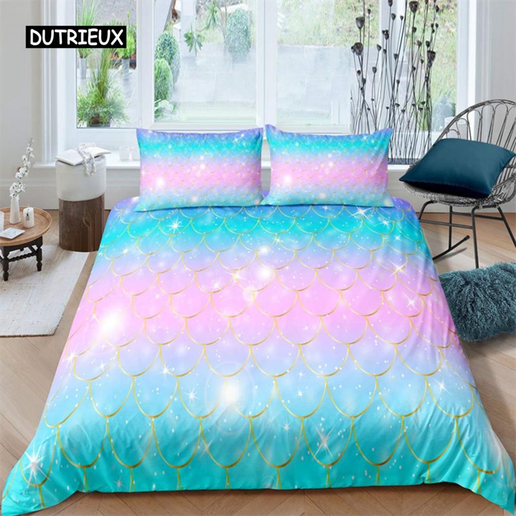 Färgglatt påslakan med sjöjungfruskal, tryck med fiskfjäll, sängklädesset King Full för barn pojkar flickor, havstema, täcköverdrag