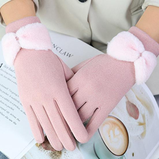1 Pair Bowknot Decor Thickened Solid Color Women Gloves Autumn Winter Double-sided Fleece Touch Screen Driving Gloves