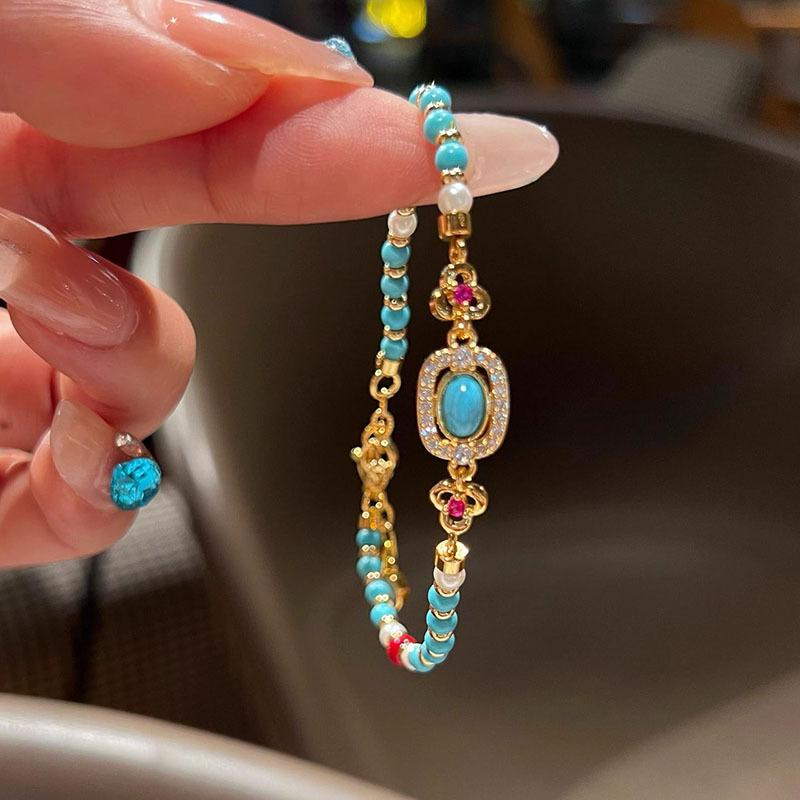 Showy exquisite Pearl Ethnic Style Round beads Pearl Turquoise Bracelet inlay Diamond Dazzling Bracelets Banquet Jewelrys