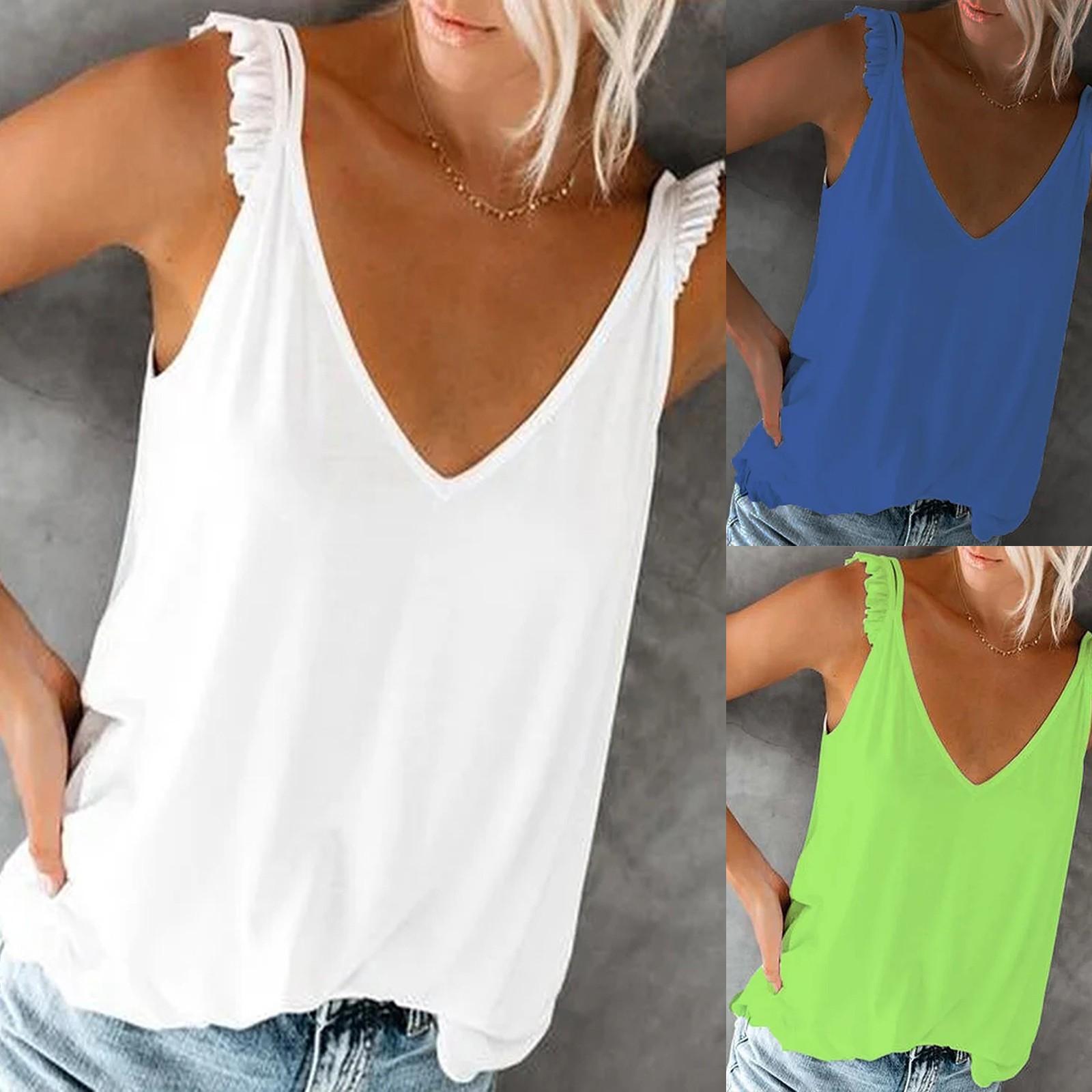 

Мода женщин Ruffles Твердый цвет случайных Strappy слинг sleeveless Танк Топы