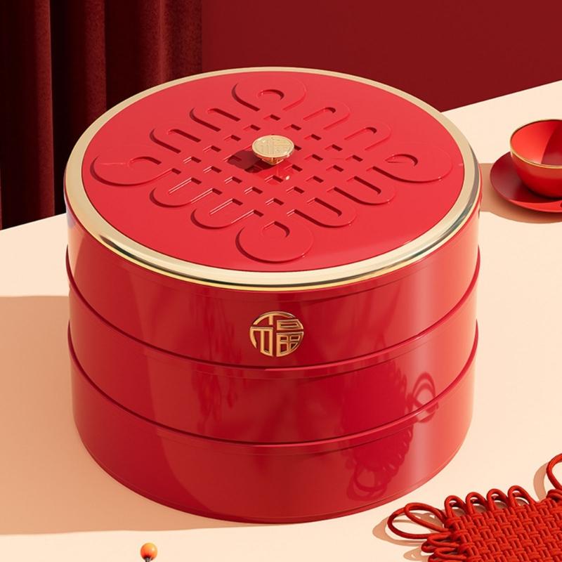 Runde Schale Kunststoff 5 Fächer mit Deckel Chinesisches Knotenmuster zum Servieren von Snacks und Süßigkeiten Trockenfrüchte Box