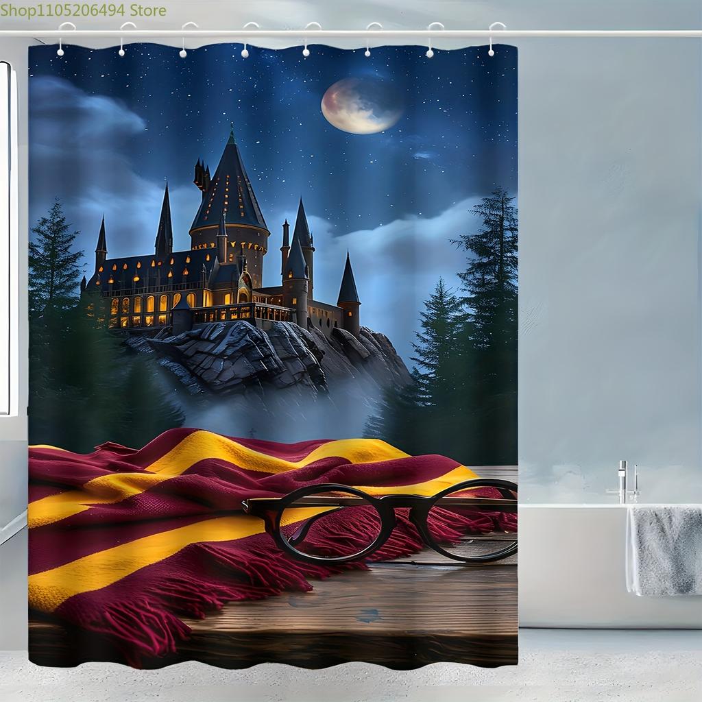 Warner 1pc Cute Printed Bathroom Shower Curtain, Harry Potter Magic Castle Pattern, Creative Shower Curtain, Suitable for Home