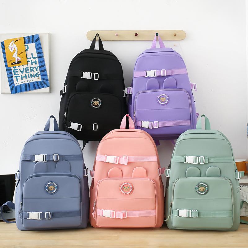 Elementary Solid Color School Bag Girls Large Capacity Canvas Backpack Set College Style Backpack