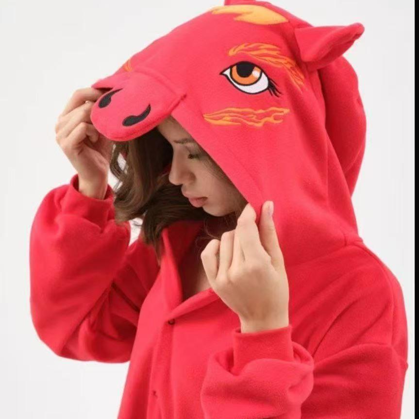 Autumn And Winter Parent-Child Clothing Men And Women Children Cartoon Animal One-Piece Pajamas Rose Red Rabbit Flannel Loungewear Performance Clothes
