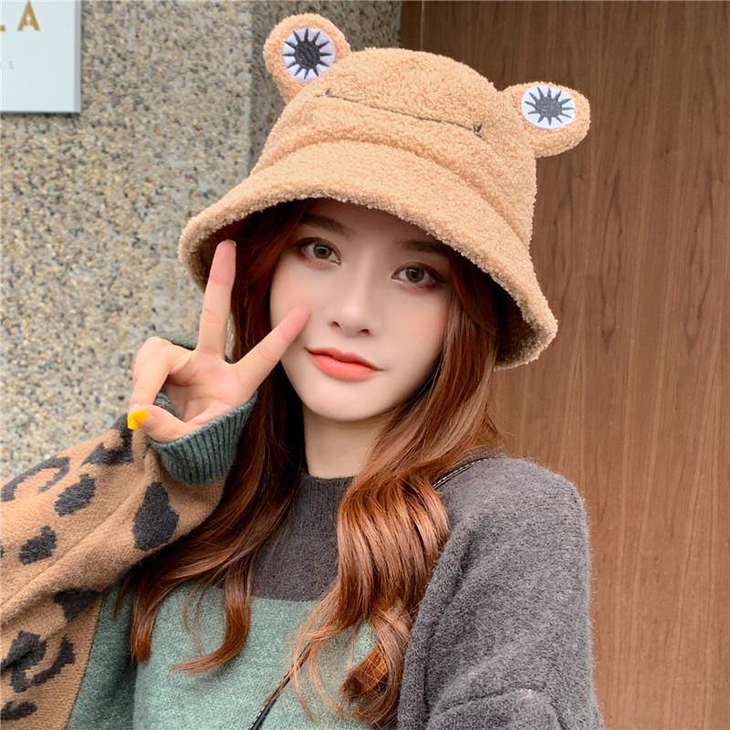Neuer Winter Kinder-Eltern Frosch Stickerei Fischerhut Kordel Verstellbar Panama Outdoor Fischerhut Lächeln Winter Warm Bob Hut