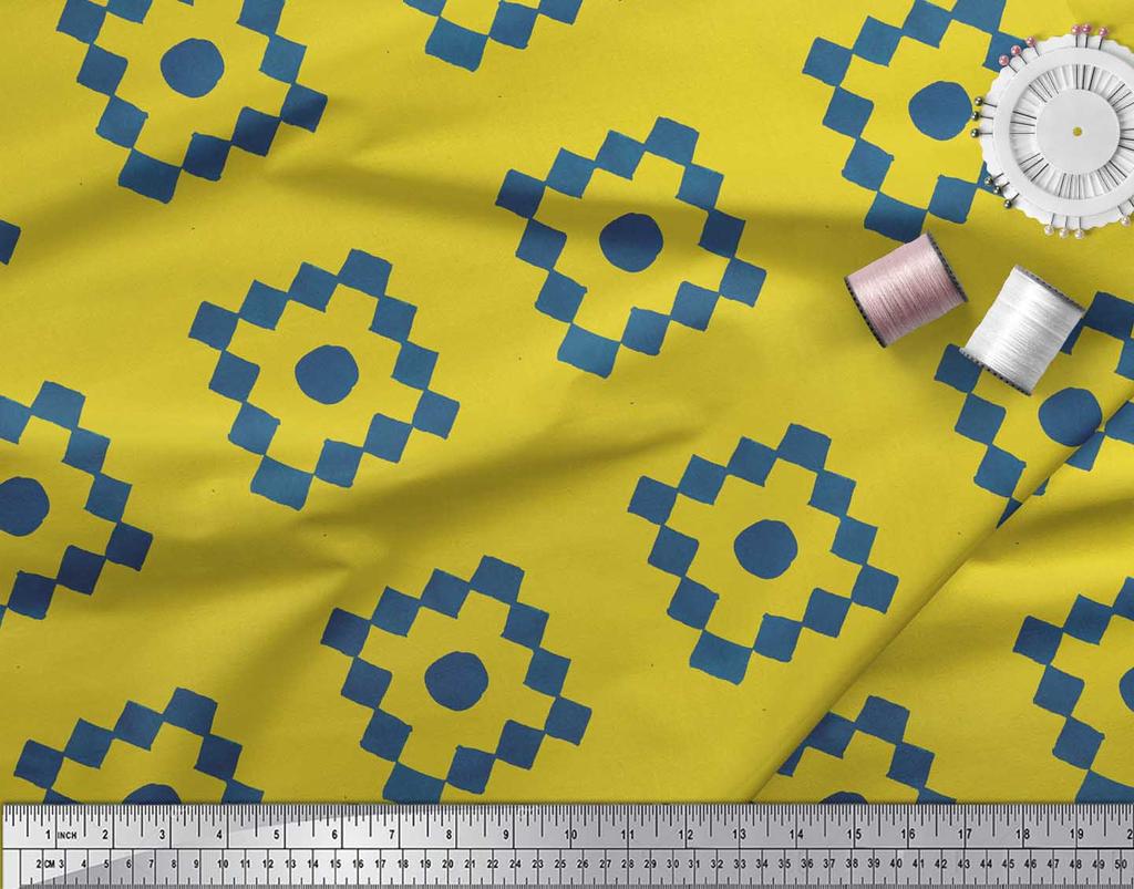 Soimoi Yellow Japan Crepe Satin Fabric Diamond Geometric Printed Craft Fabric by the Metre 42 Inch
