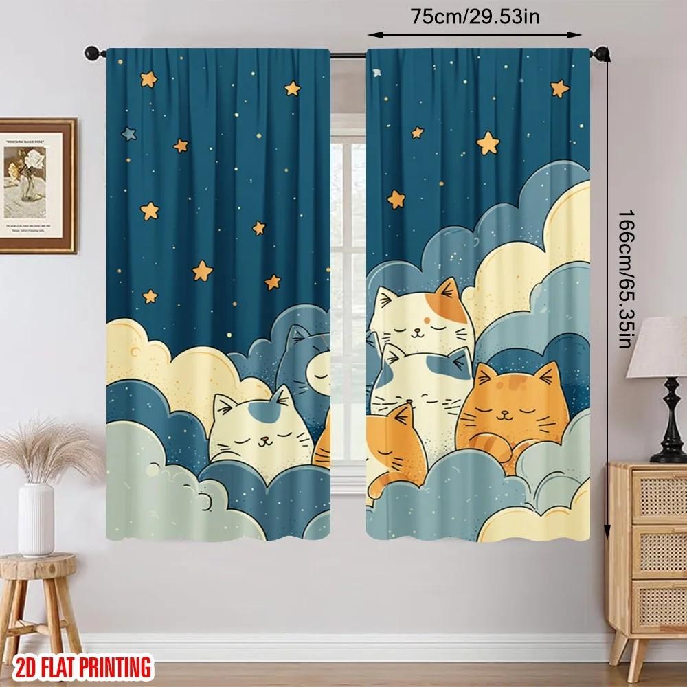 Blackout Jit Cute Cats Printed Curtains Polyester Kids Room Window Decor Home Curtain Set Of 2 Made With Rod Pocket Washable Children's Ready