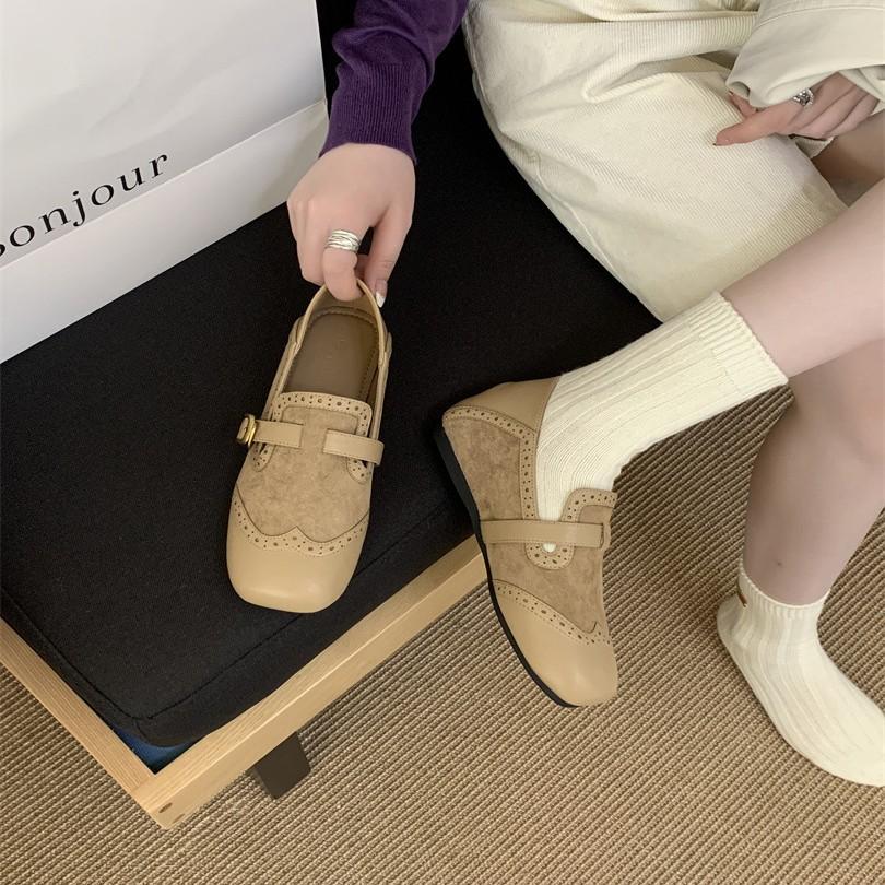 Retro Carved Square Head Shallow Mouth Single Shoes Flat-soled Small Leather Shoes Women's Niche Design French Mary Jane Shoes Autumn Women
