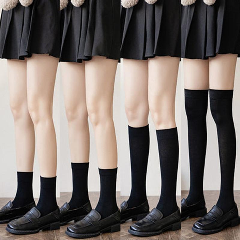 

JK Women Black White Knee High Lolita Socks Lady Girls Over Knee Cute Long Sock Thin Breathable Solid Color Stockings For Women One Size