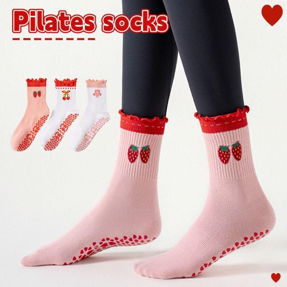 Cotton Pilates Socks Breathable Mid Tube Socks New Cherry Embroidery Socks