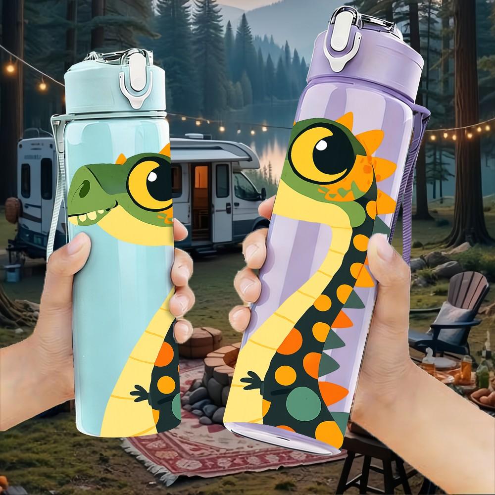 1PC Tall Green Dinosaur Cartoon 750ml Color Plastic Sports Water Bottle Leakproof Flip Straw Lid Suitable for Sports Office Home Use