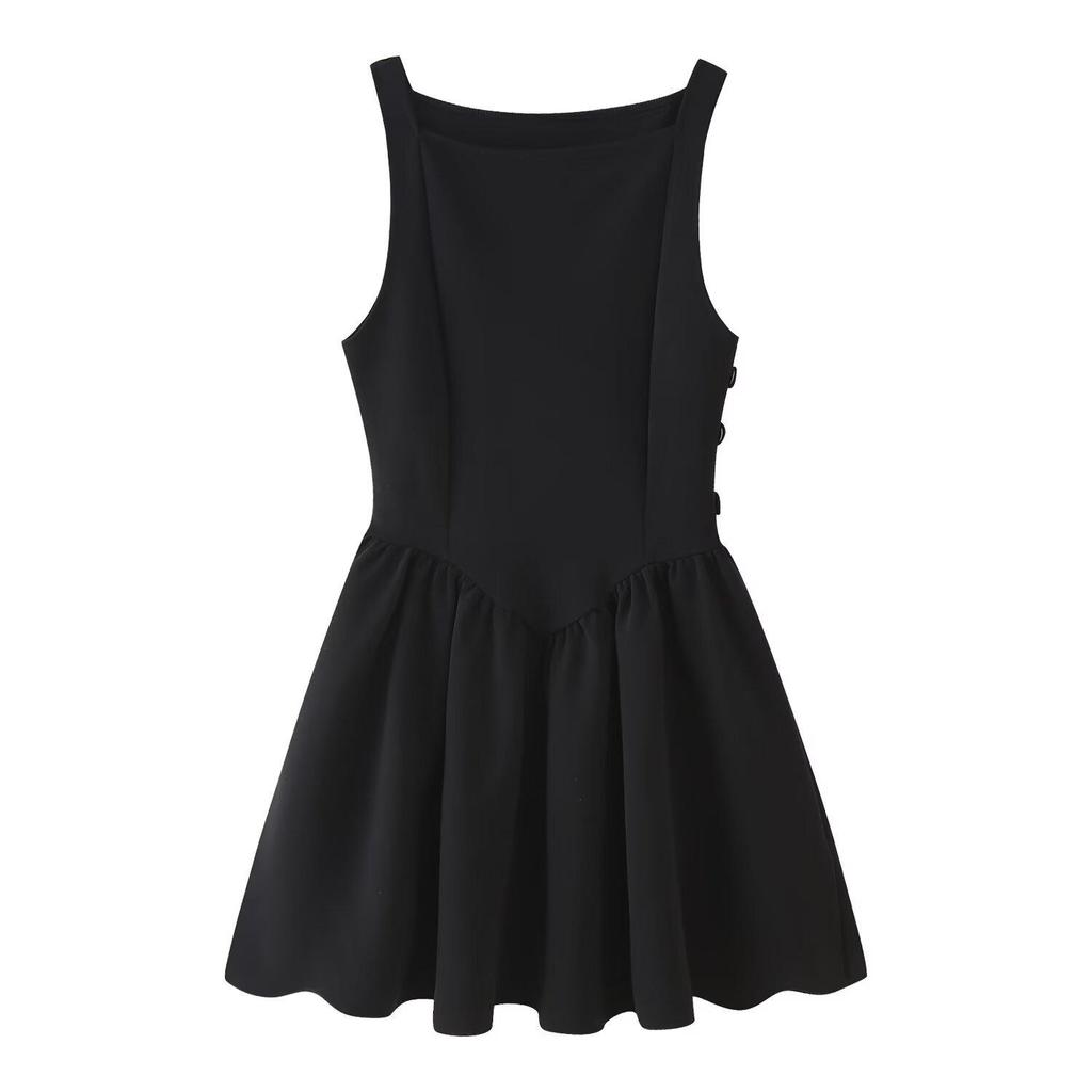 2025 Spring Women's European & American Style Pleated Boat Neck Slim Sleeveless Dress