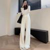 Women's White Knitted Wide Leg Pants Autumn and Winter High Waist Vertical Straight Pants Loose Printing Trousers Mopping Pants