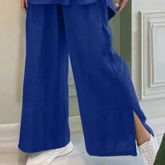 Women's Cotton Linen 2 Piece Outfit Button Down 3/4 Sleeve Shirts And Slit Wide Leg Pants Set Casual Loose Lounge Tracksuit