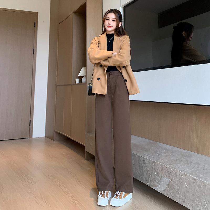 Small Autumn and Winter New Wool Casual Long Trousers for Women Single Button High Waist Straight Thickened Wool Wide-leg Pants