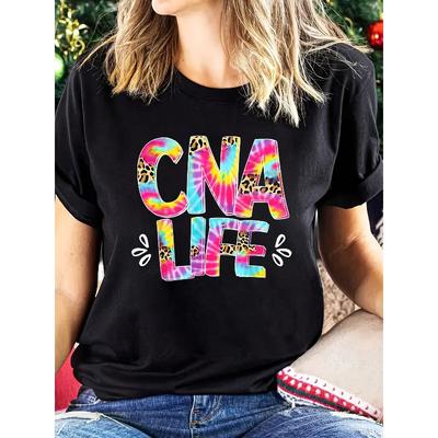 European Sizes Graphic Print T-shirt, Short Sleeve Crew Neck Casual Top for Summer & Spring, Women's Clothing