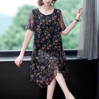 Round Neck Mid Length Chiffon Dress Oversized Loose A-line Straight Tube Mesh Dress Women's Casual Short Sleeve Printed Dress Light  Breathable Summer