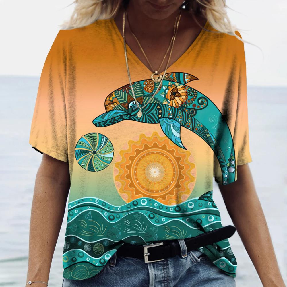 Women's Dolphin Print T-shirt V-neck Top Retro Aesthetic Clothing Oversized Funny Loose Fashion Novelty T-shirt