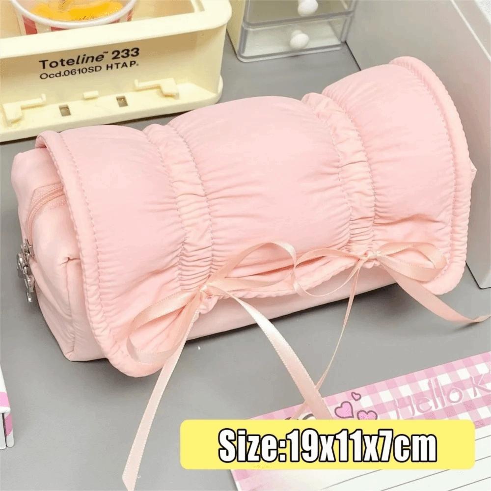 INS Bow Drawstring Pen Bag Large Capacity Stationery Storage Bag Solid Color Pencil Case  Gift