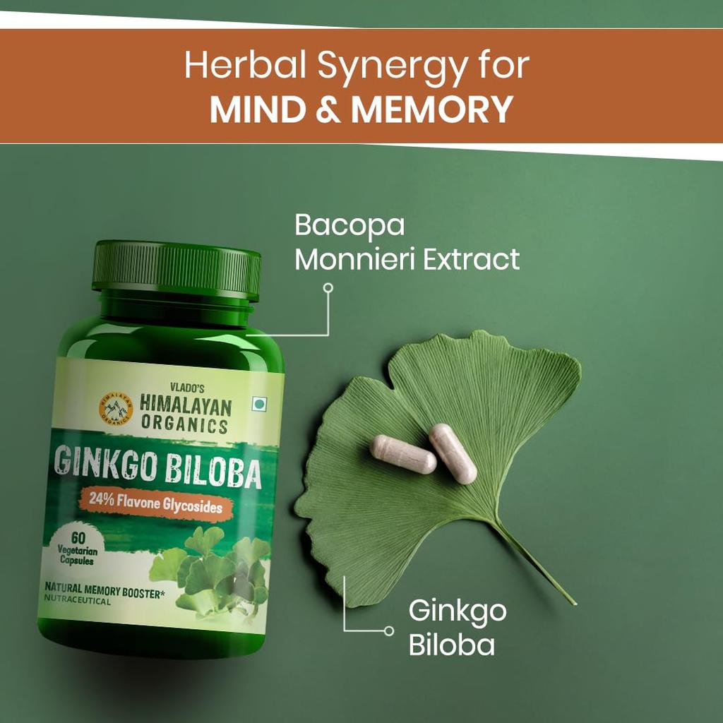 Vlado’s Himalayan Organics Ginkgo Biloba 500mg With Brahmi Capsules for Focus, Memory & Energy, 60 Veg Capsules
