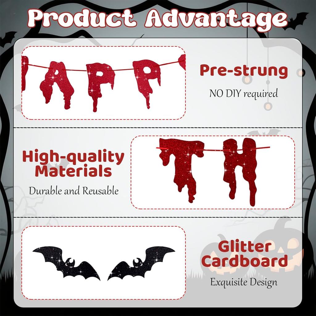 Happy Birthday Halloween Banner, Pre-Strung Glitter Spooky Halloween Party Decorations With Bat, Horror Birthday Decorations For Mantle Wall Mantel